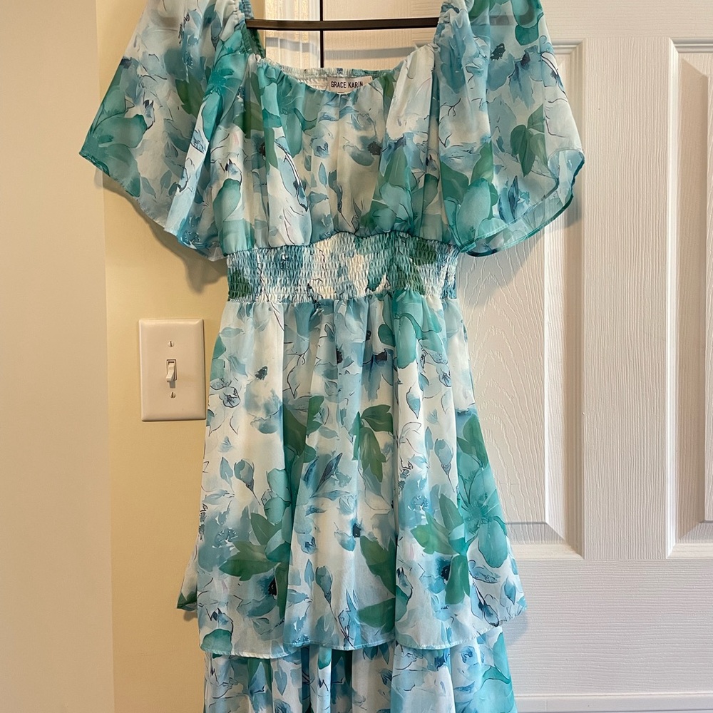GRACE KARIN Womens Ruffle Short Sleeve Square Neck Tiered Swing Dresse